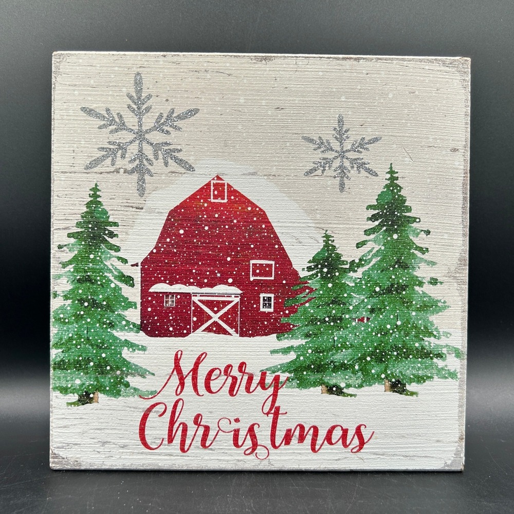 Merry Christmas Red Barn Wood Box Sign 8x8" Decor Quill to Paper by Sixtrees